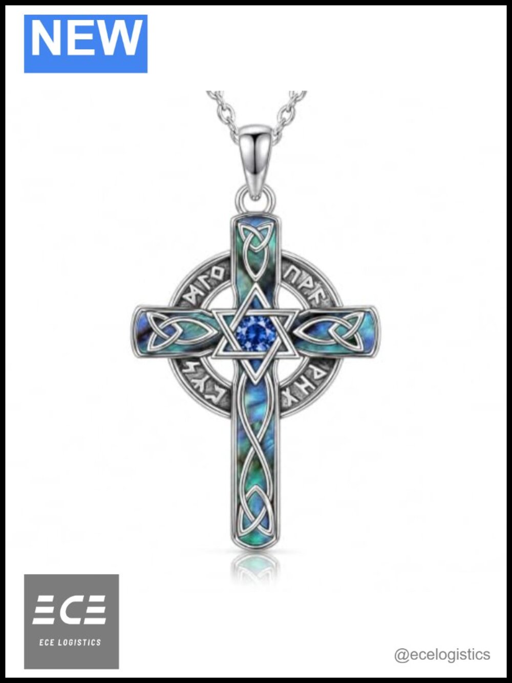 Celtic Cross Viking Runes Star of David Abalone Shell White Gold Plated